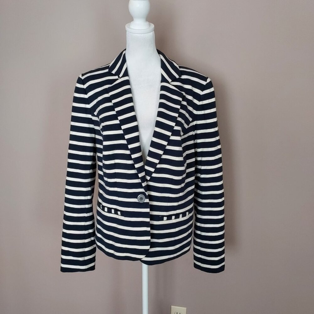 Lane Bryant Navy Blue Striped Knit Single Button Knit Blazer Size 14